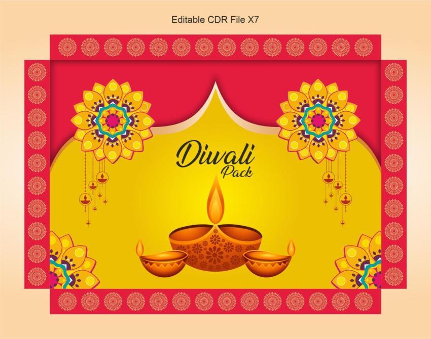Gift box design for diwali festival pack diya with colourful flower pattern