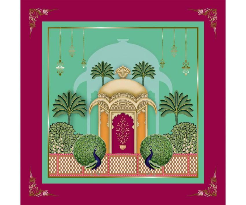 Vintage CDR Wedding Card Theme green and purple with rajmahal background
