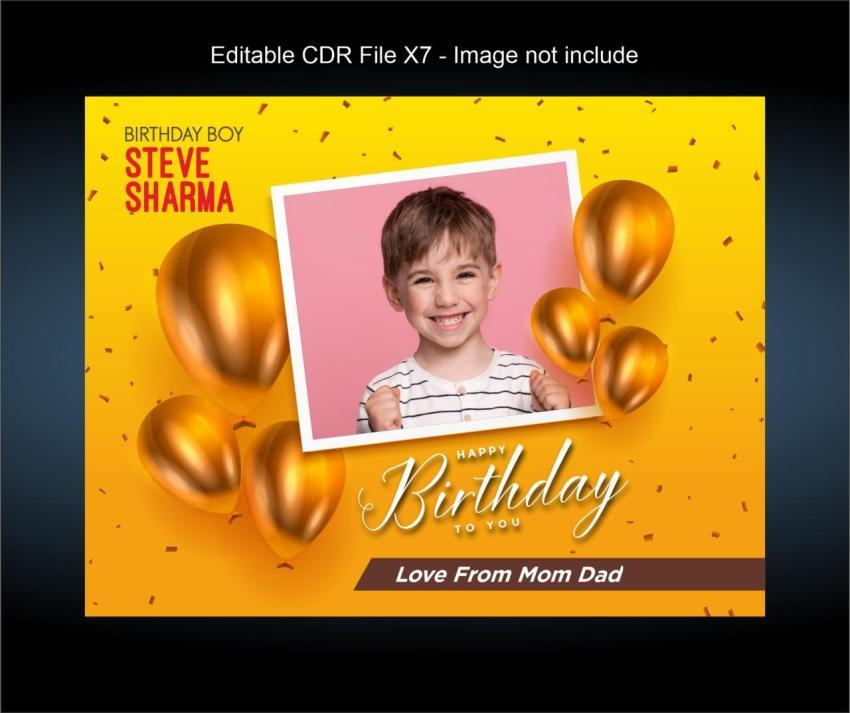 Happy birthday wish for boy poster yellow with golden balloon background
