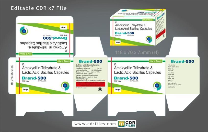 Amoxycillin Trihydrate & Lactic Acid Bacillus Capsules Design 12 Editable File