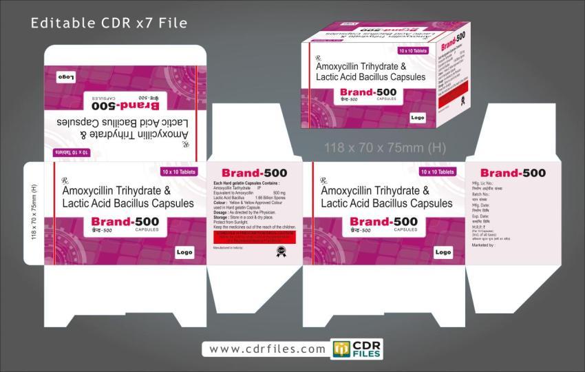 Amoxycillin Trihydrate & Lactic Acid Bacillus Capsules Design 14 Editable File
