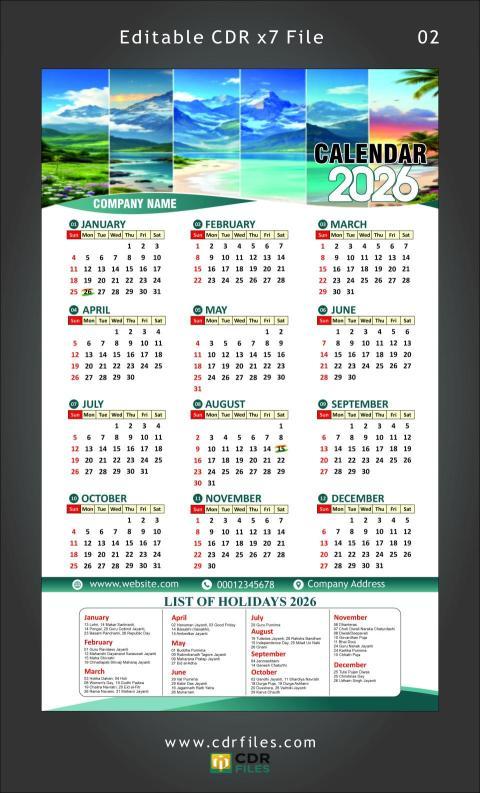 CALENDAR 2026 Editable File with Holiday 02